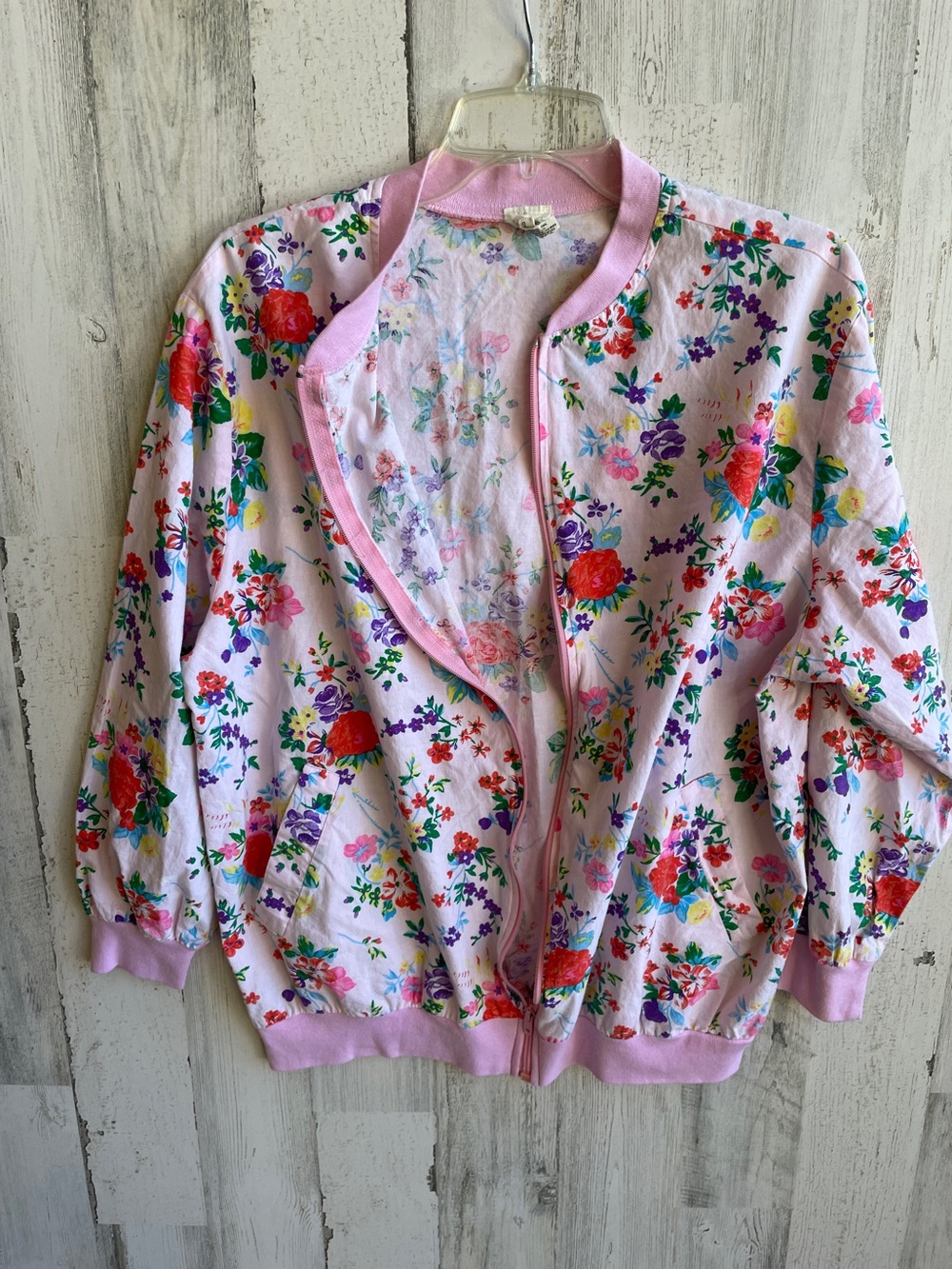 Vintage Floral Pink Zip-Front Thin Cotton Bomber Jacket SZ L